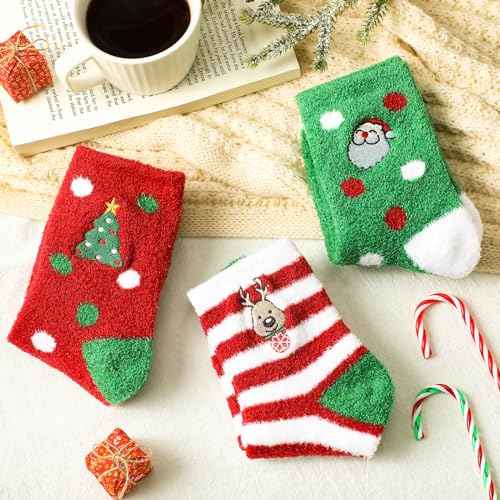 Suhine 3 Pair Christmas Aloe Infused Ultra Moisturizing Socks Colorful Patterns Fuzzy Christmas Socks Aloe Vera Socks for Spa (Cute)