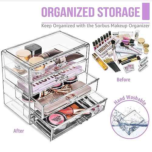 Sorbus Acrylic Makeup Organizer Set, 4-Drawer Vanity & Countertop Cosmetic Storage with Wide Drawers, Clear Makeup Storage for Brushes, Lipsticks, Jewelry ? Holiday Gift for Women & Teens