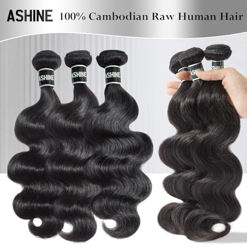 ASHINE Human Hair Bundle Body Wave Straight, Unprocessed Cambodian Raw Hair Bundles for Women Natural Black 16 Inch, Keep Soft and Silky After Multiple Washes