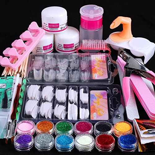 Nail Kit Set Professional Acrylic with Everything, 12 Glitter Acrylic Powder, Tips, Decoration, DIY Nail Art Tools & Supplies for Beginners
