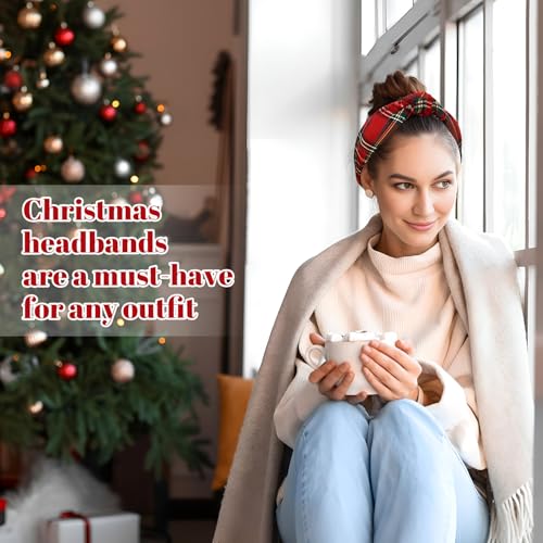 Yilloog 2pcs Christmas Headbands for Women Knotted Buffalo Plaid Hairband Fashionable Wide Top Knot Hair Bands Hair Accessories for Xmas Gifts