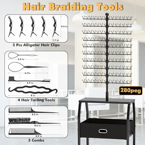 Portable Braiding Hair Rack with Wheels & Storage Drawers,280 Pegs Hair Extension Holder Hanger for Braiding Hair Separator Stand Display,Hair Rack with Stylist Hair braiding Tools(Black)