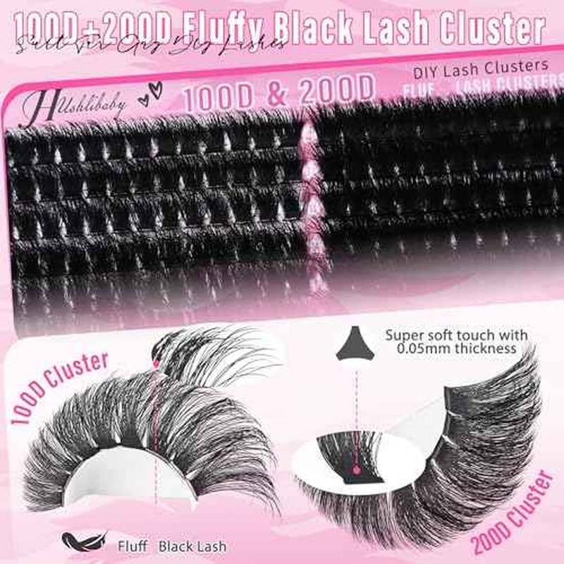 Lash Clusters 100D+200D Mega Thick Lashes Clusters 12-22mm Wispy Individual Thick Volume Lashes Cluster Eyelash Extensions 280Pcs DIY Lash Extension at Home, by Hushlibaby(Plant Fiber)