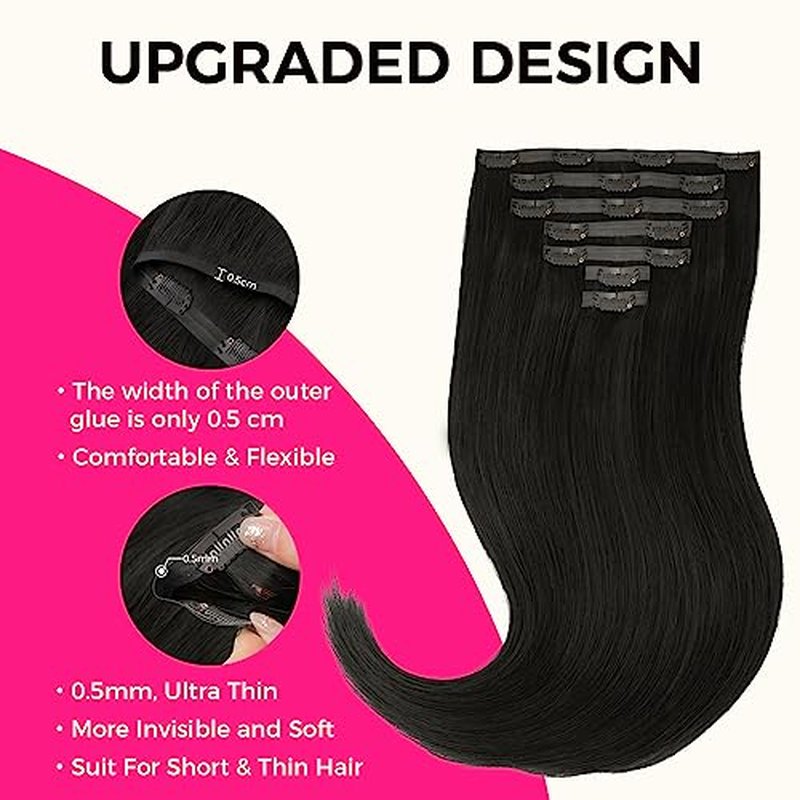 Lashey Seamless Clip in Hair Extensions Real Human Hair Extensions Straight 12 Inch 7pcs 80g Natural Black Soft Silky Clip in Hair Extensions with 100% Real Human Hair