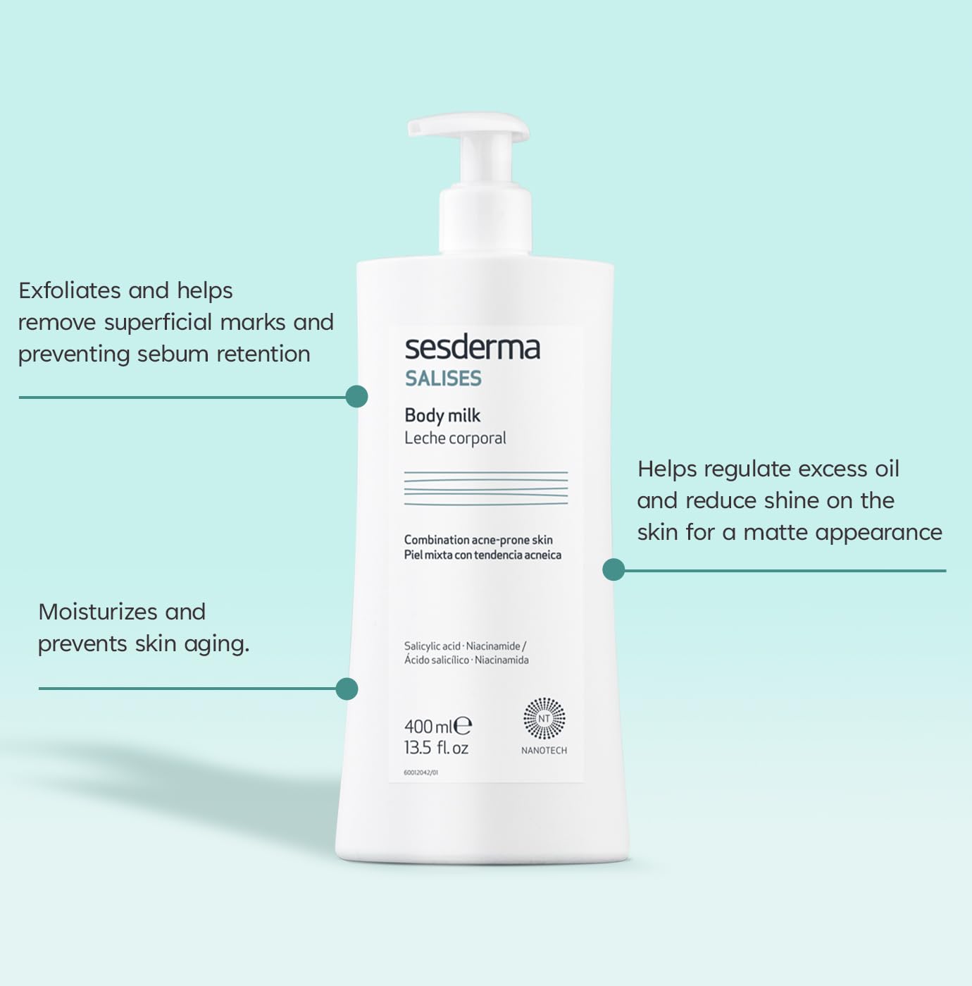 Sesderma SALISES Body Milk - Moisturizer for Acne-Prone Skin | Oil Control & Sebum Regulation | 13.5 fl. Oz