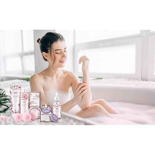 Bath and Body Gift Set for Women & Girls - Japanese Cherry Blossom 7-Piece Luxurious Home Spa Gift Set with Shower Gel, Body Lotion, Bath Oil, Bath Salts, Soap, Bath Bombs, and Candle