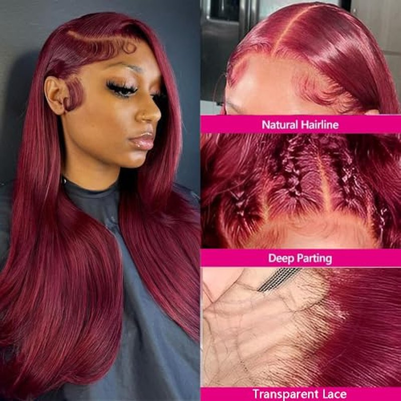 99J Burgundy Lace Front Wigs Human Hair 13x4 Straight Lace Front Wigs Pre Plucked Burgundy Wig Human Hair Straight Wigs for Women 180% Density Wine Red Wig 20Inch