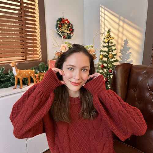 Yumikoo Deer Ears Antlers Christmas Headband - Flower Christmas Costume Hair Accessories for Women