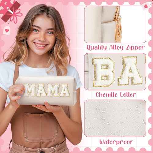 CY2SIDE MAMA Baby Letter Makeup Bag - 2PCS White MAMA and BABY Chenille Letter Patch Cosmetic Bag Pink PU Leather Patch Pouch Waterproof Portable Zipper Travel Organizer Case Xmas Gifts for Mom Women