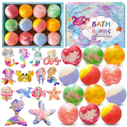 Bath Bombs for Kids with Surprise Inside, 12pcs Kids Bath Bombs with Mermaid Toys Gift Set for Girls, Shea & Coco Butter Dry Skin Moisturize, Handmade Fizzy Bubble Spa Bath Ball for Birthday Christmas