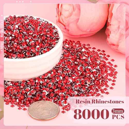 8000PCS 3mm Resin Rhinestones Bulk for Crafting (Red), Flatback Bedazzling Crystals for Crafts DIY Nail Decoration, Gems Charms for Tumbler Shoes Clothing Fabric with Pickup Pen and Tweezers
