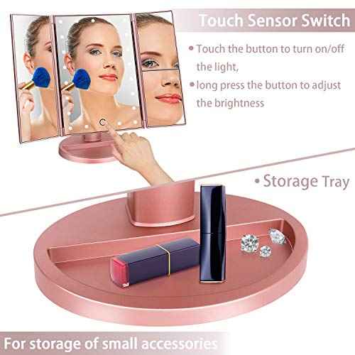 deweisn Dresser Mount Tri-Fold Lighted Vanity Mirror with 21 LED Lights, Touch Screen and 3X/2X/1X Magnification, Two Power Supply Modes Make Up Mirror,Travel Mirror