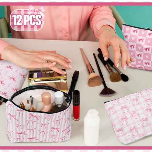 Reginary 12 Pcs Pink Bow Makeup Bags Coquette Bow Cosmetic Bags with Zippers Coquette Party Favors Pink Aesthetic Elegant Pouch Bulk Gifts for Women Stuff Christmas Birthday Supplies Travel Accessory