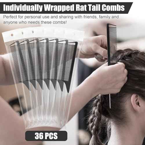 NICEMOVIC 36 Pack Rat Tail Parting Rattail Braiding Combs Bulk for Women, Parting Combs for Braiding Hair, Individually Wrapped Braider Essentials Barber Supplies Accessories Tools (Black)