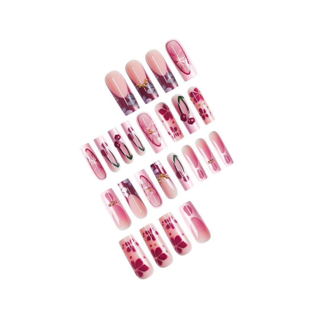 Red Long Square Press-On Nails - French Tip & Flower Design | 24 Pcs Set for Women