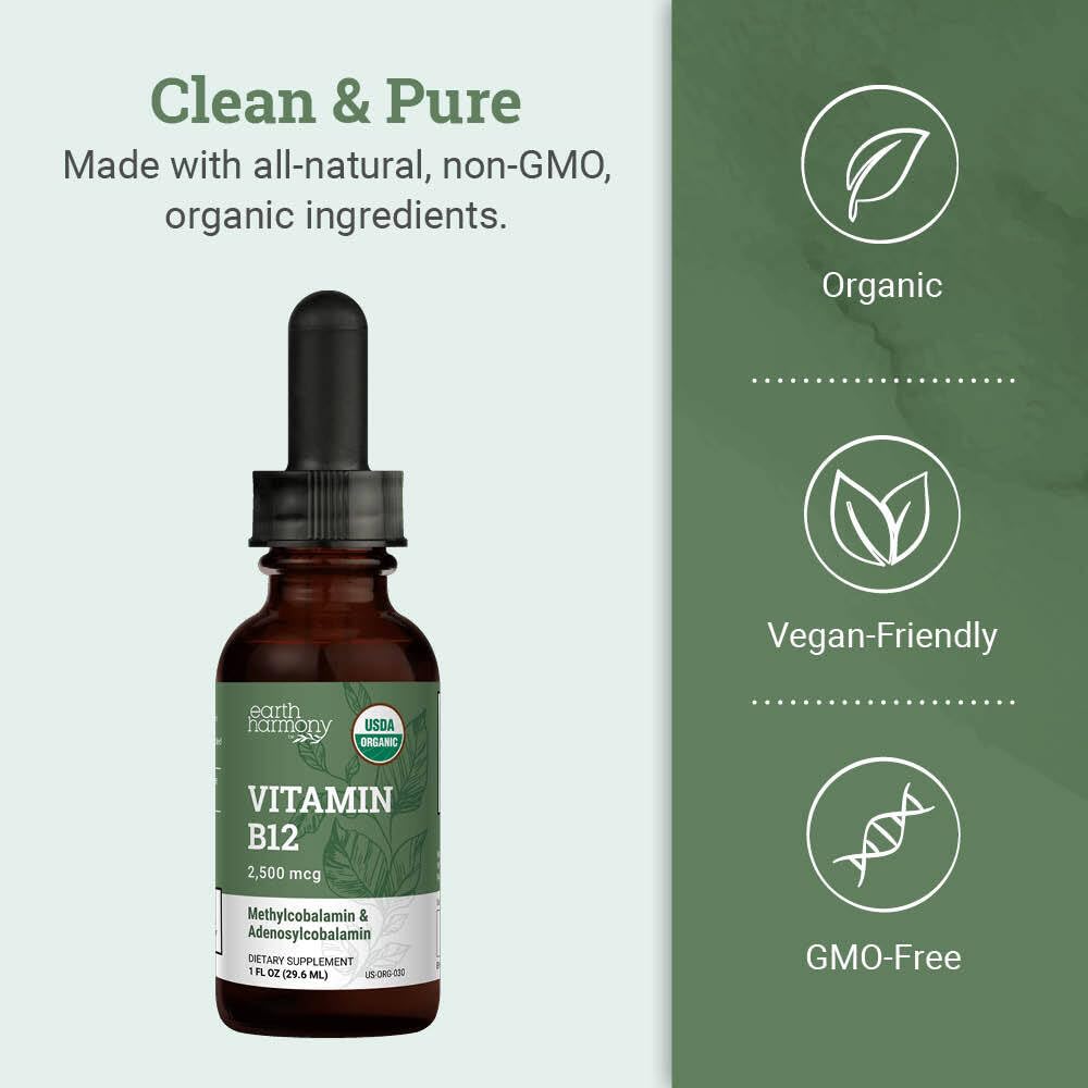 Earth Harmony Naturals Organic Vegan Vitamin B12 Sublingual Liquid Supplement - 2500mcg Methylcobalamin Drops for Natural Energy, Metabolism Health and Immune System Support - 1 Fl Oz