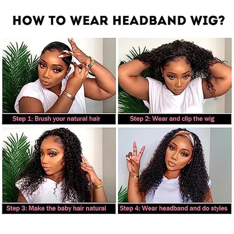 Headband Wig Human Hair Curly Headband Wigs for Black Women Glueless Wear and Go Wig 100% Brazilian Virgin Human Hair Headband wig 150% Density (14inch)