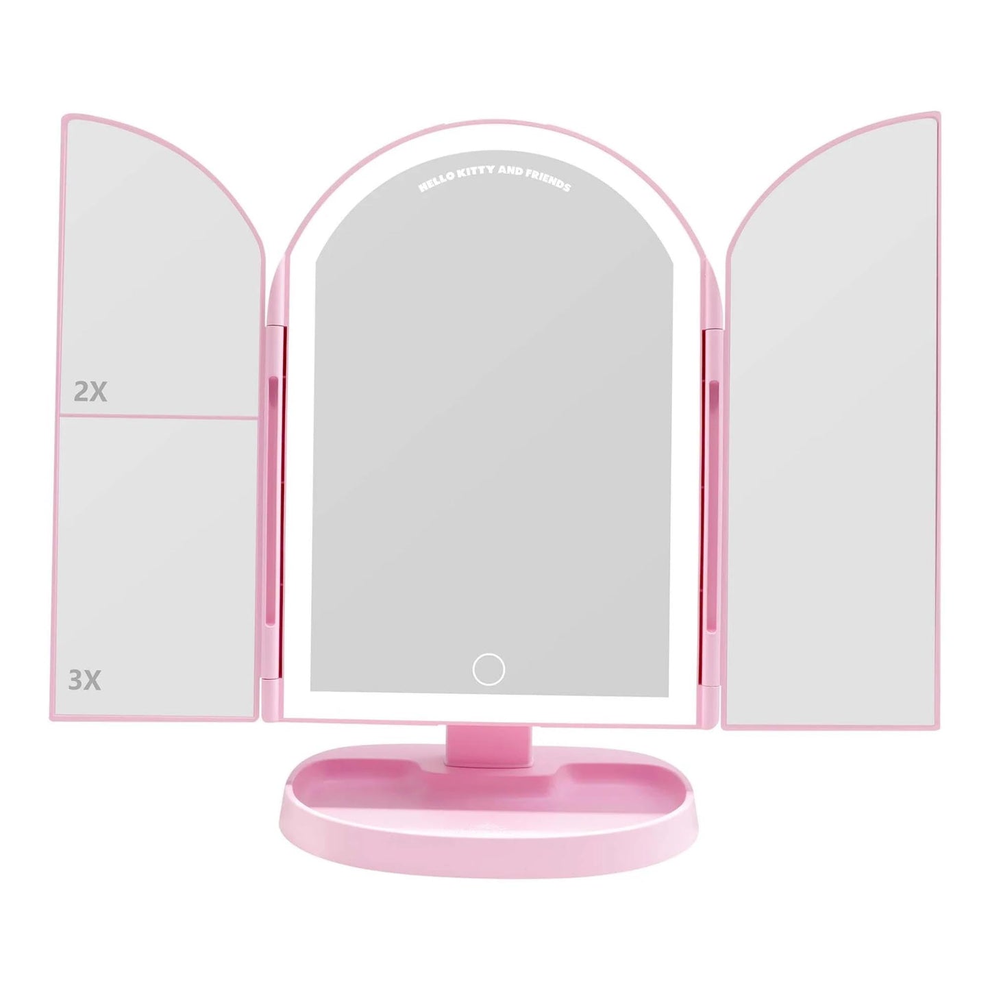Impressions Vanity Hello Kitty and Friends Core Arch Trifold LED Makeup Mirror for Desk, 3 Way View Foldable Vanity Mirror with Lights, 2X and 3X Magnification, Adjustable Tilt and Soft Touch