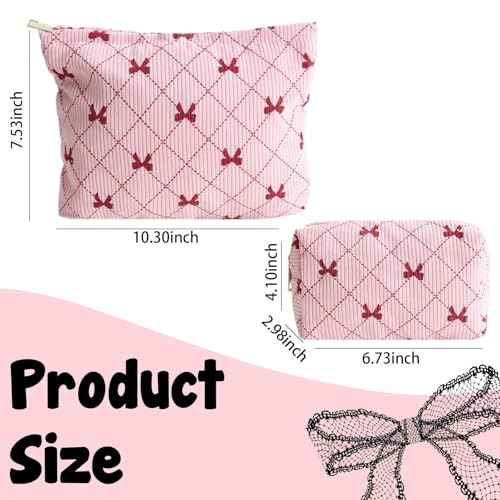 LYDZTION 2PCS Cute Corduroy Makeup Bag Set for Women, Small Travel Toiletry Bag, Coquette Cosmetic Pouch With Bow, Portable Versatile Zipper Pouch - Pink