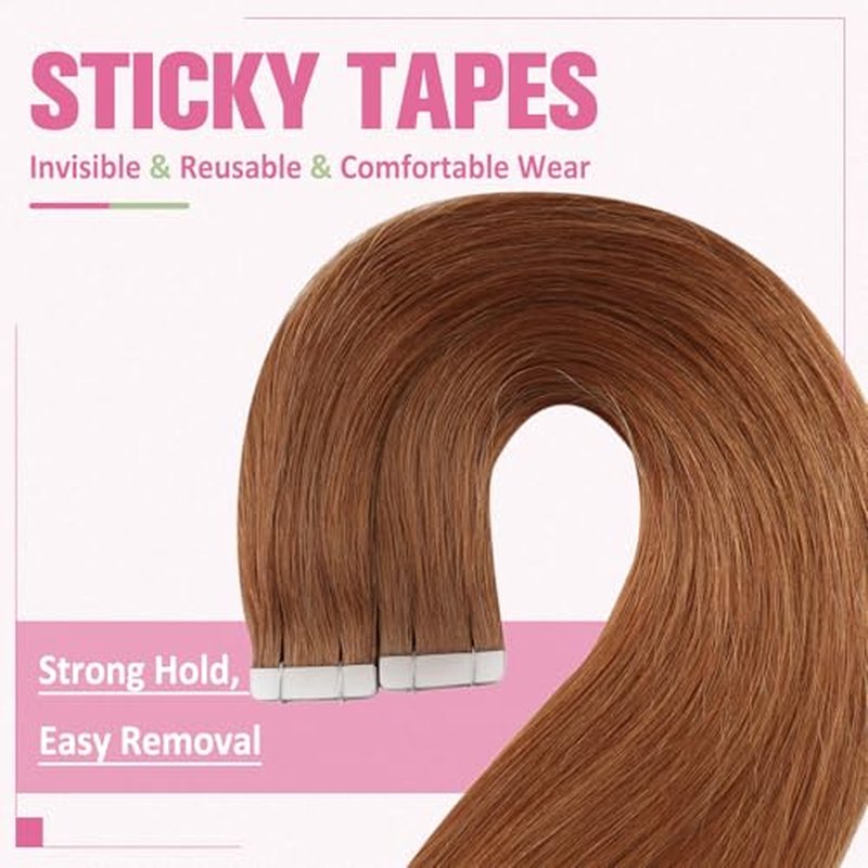 YoungSee Tape in Extensions Copper Human Hair Extensions Tape in 16 Inch Invisible Tape in Hair Extension for Women 20Pcs 50G
