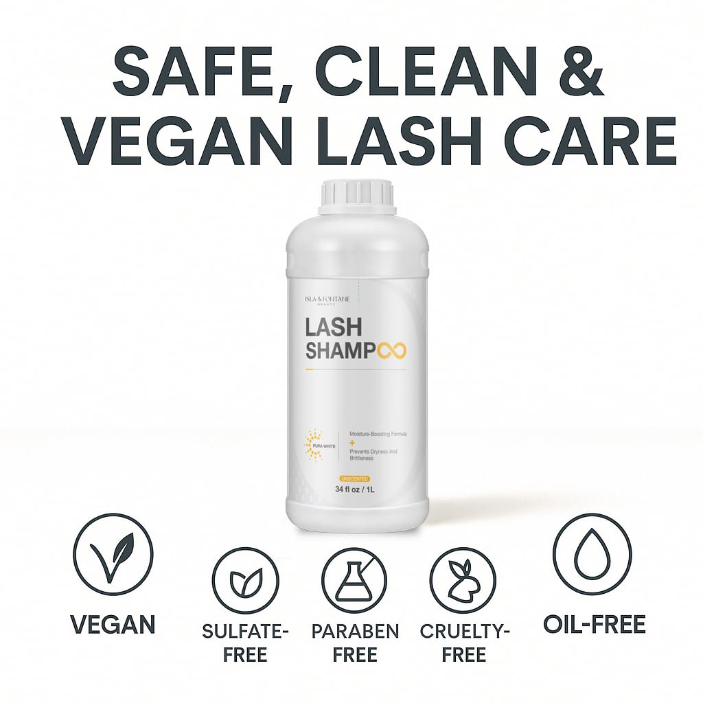 ISLA & FONTANE Lash Shampoo Bulk – Pura White 34 fl oz / 1L | Gentle Eyelash Shampoo for Extensions | Lash Foam Cleanser | Oil-Free Lash Bath for Home & Salon Use
