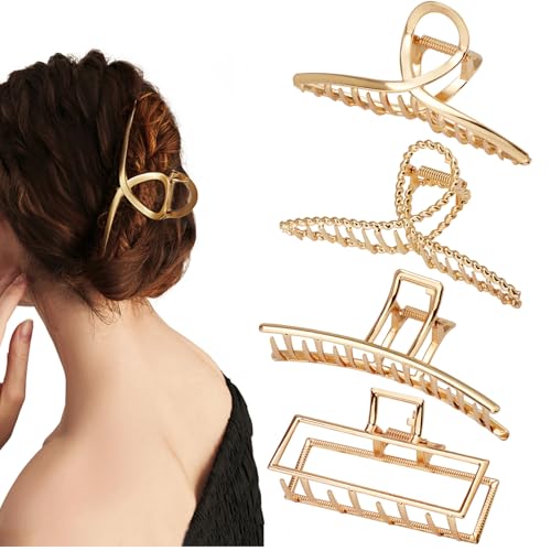 4 Pack Large Metal Hair Clips for Thin to Thick Curly Hair, 4.3 Inch Big Nonslip Gold Color Clamps, Perfect Fashion Jaw Claw Hair Styling Accessories for Women and Girls, Christmas Gifts