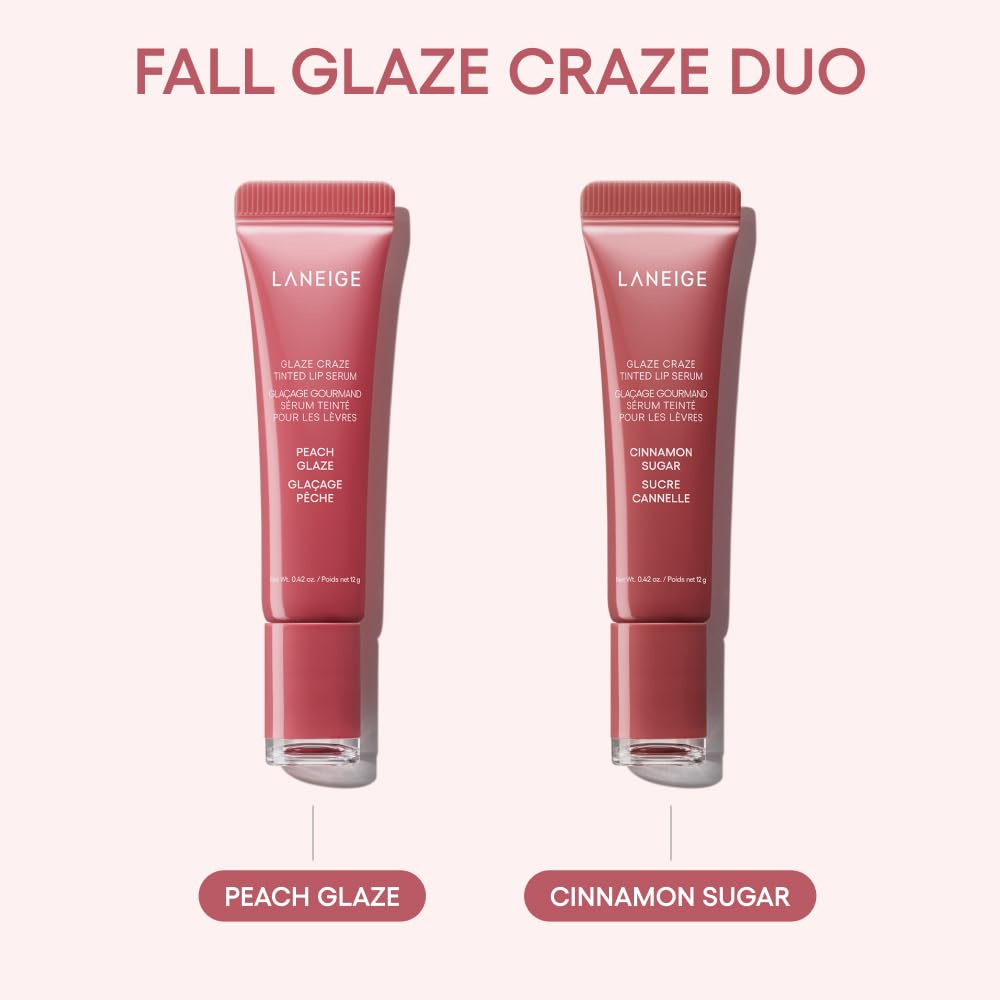 LANEIGE Fall Glaze Craze Duo: Serum-Infused Lip Tints for Plumping Hydration & Shine in Maple and Peach Glazed Donut Shades