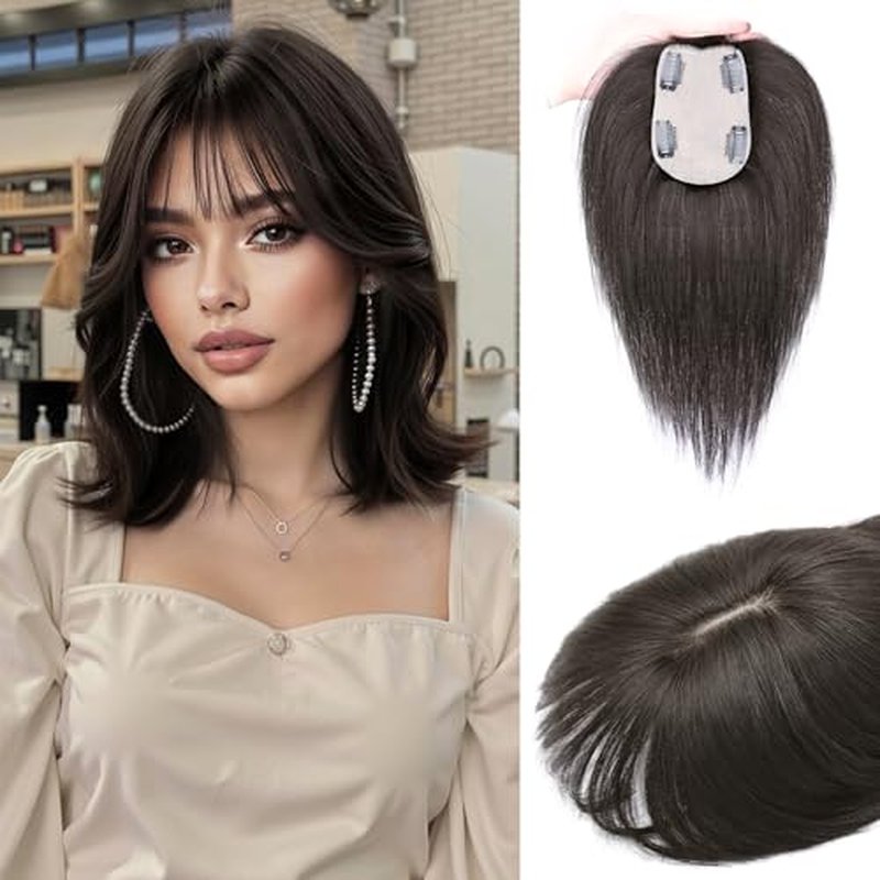MOSINA Human Hair Toppers for Women Real Human Hair Toppers Hair Pieces for women 3.2" x 4.5" Silk Base Real Hair Toppers for Women with Thinning Hair(Brown Black)