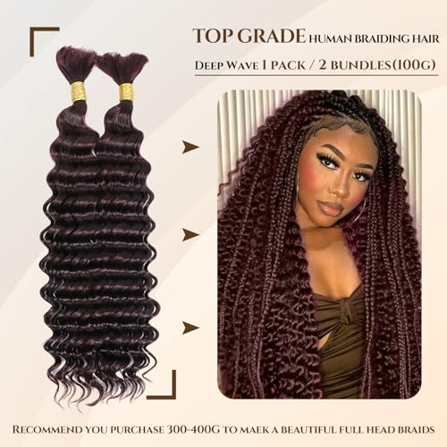 DMKEEP Burgundy Top Grade Human Braiding Hair 2 Bundles 100g Human Hair Braiding Hair No Weft Deep Wave Bulk Human Hair for Braiding Hair Extensions 99J 18 Inch