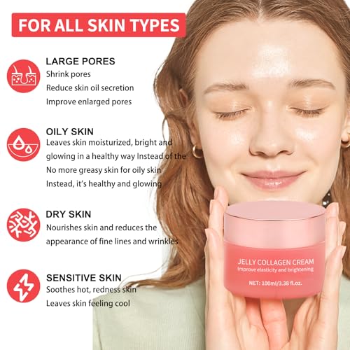 Collagen Jelly Cream - Contains Niacinamide & Freeze Dried Hydrolyzed Collagen -Elasticity & Hydration - Reduce Fine Lines & Dullness - Korean Glass-Shiny Skin Suitable for All Skin Types (3.38 Fl.Oz)