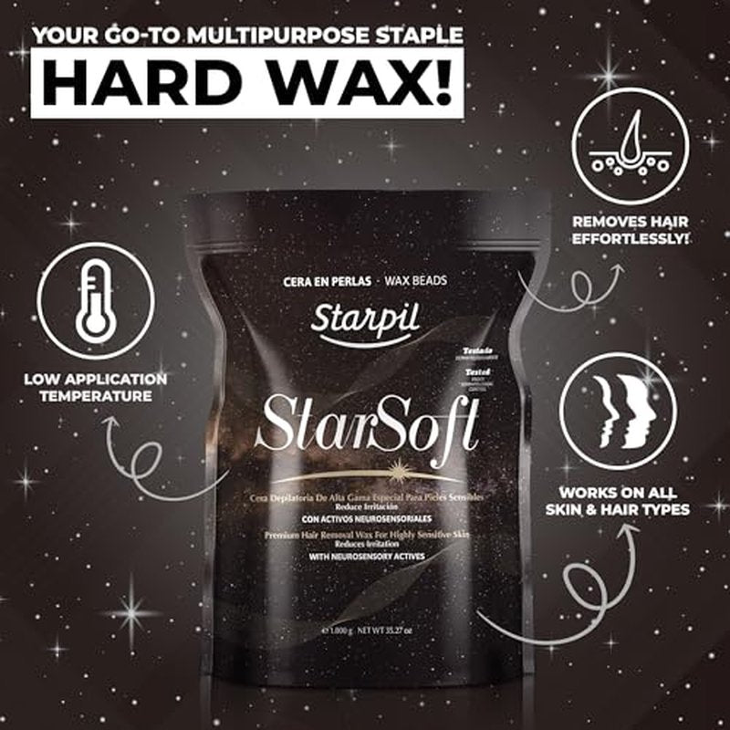 Starpil Wax 1000g - StarSoft Film Hard Wax Beads Bag 2.2lb. Professional Hair Removal Wax for Estheticians. Wax Beans for Sensitive Skin.