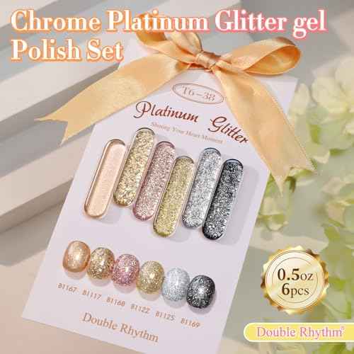 Double Rhythm 0.5 Oz Glitter Gel Polish Set of 6 Color with Display Borad 15 ml Full Size Kit Shimmer Reflective Sparkle Soak Off Manicure Salon DIY at Home (Rose Gold Silver Black Bright-T6-38)