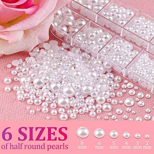 2700 Pcs Flat Back Pearls Kits, 1 Box of Flatback White+1 Box of Beige Small Half Round Pearls with Pickup Pencil and Tweezer for Nail Art Face Makeup Graduation Cap Decorations DIY and Craft