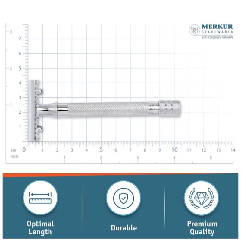 MERKUR 25C Double Edge Safety Razor in Bright Chrome with an Open Comb Design, Long Handle, Made in Germany, Plastic-Free, Three-Piece Design, and Straight Bar