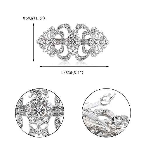 EVER FAITH Austrian Crystal Bridal Barrette Clip, 1920s Art Deco Two Heart Rhinestone Hair Accessories for Women Clear Silver-Tone
