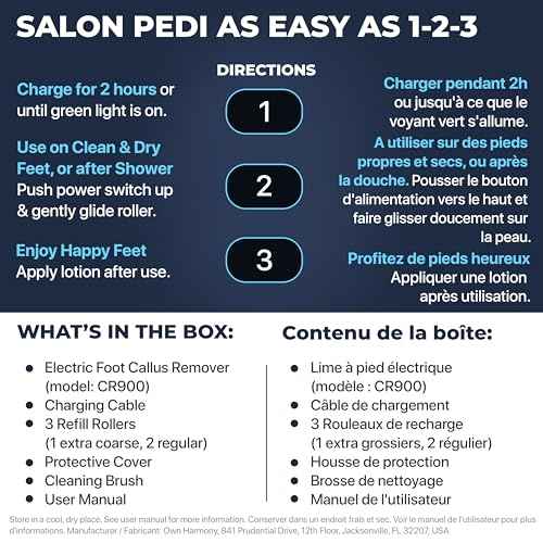 Electric Callus Remover: Rechargeable Electronic Foot File CR900 by Own Harmony(Tested Most Powerful) Best Pedicure Tools w 3 Rollers Professional Pedi Feet Care Sander for Cracked Heels and Hard Skin