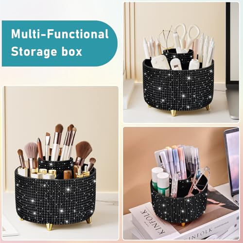 Diesisa Bling Diamond 360¡Æ Makeup Brush Holder Organizer, Rotating Makeup Brush Organizer,5 Slot Make up Brushes Cup for Cosmetics, Vanity Desktop Organizer, Gift for Women Teen Girls- Diamond Black