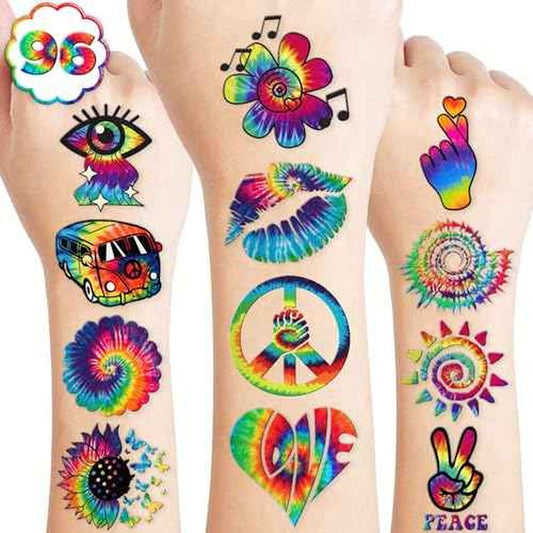 96 PCS Tie Dye 90s 80s Pre-Cut Temporary Tattoos for Kids | Super Cute Themed Birthday Party Favors, Supplies, Decorations, Colorful Fake Tattoo Stickers (multiple)