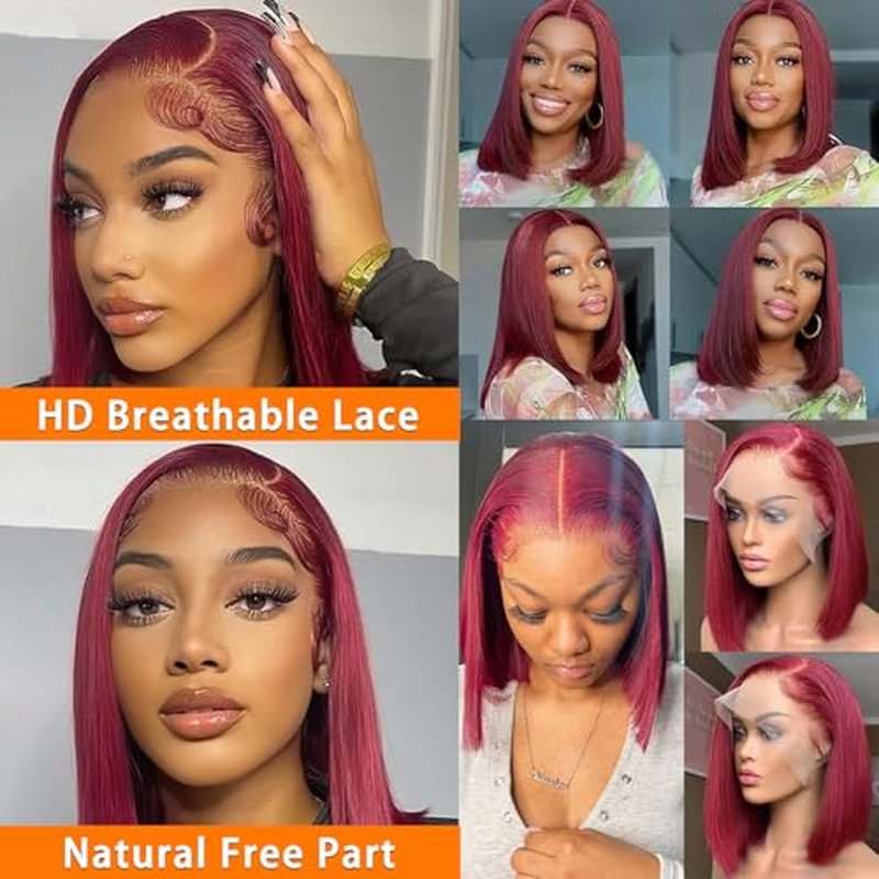 99j Burgundy Bob Wig Human Hair 13x4 Lace Front Wigs 12 Inch Short Straight Wine Red Bob Wig Pre Plucked 180% Density Natural Hairline Wigs for Black Women
