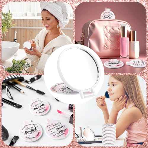 Wenqik 100 Pcs Inspirational Mini Compact Mirror for Purse Women Small Gifts Bulk, Round Makeup Folding Mirror, Thank You Gift Bag Stuffer Items, Christmas for Coworker Employee Staff (Light Pink)