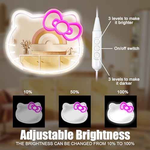 Anime Hello Kit Cat Neon Sign Mirror L16.1 W14 Vanity Mirror with Lights Bedroom Wall Mirror for Pink Room Decor and a Makeup Mirror with Lights Teen Girl Gifts
