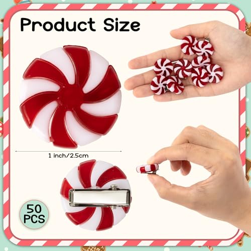 Christmas Candy Hair Clips - 50 Pcs Red and White Peppermint Snap Clips for Women Girls Bulk Holiday Party Favors, Christmas Stocking Filling, Classroom Gifts, DIY Hair Accessories for Xmas
