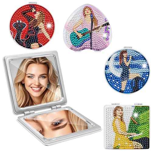 4 Pcs DIY Diamond Painting Compact Mirrors, Portable Folding Purse Mirror Kits for Women Girls, Pocket Makeup Mirrors for Mother¡¯s Day, Birthday, Party Favors, Classroom Crafts