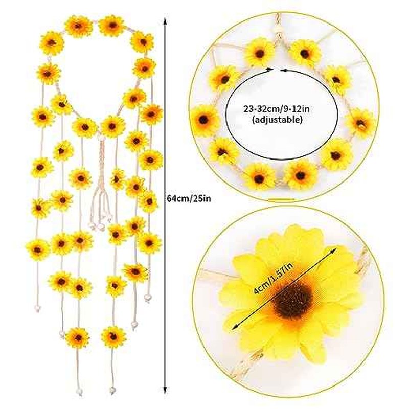 Sucrain 2pcs Flower Hippie Headband Floral Crown Summer Sunflower Hair Accessories for 70 s Bohemian Costumes Style (Yellow+Colorful)