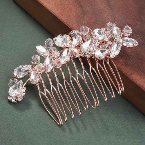 Crystal Wedding Hair Comb Silver Bridal Headpiece Bride Sparkly Rhinestone Hair Side Comb Bridesmaid Pearl Hairpieces Side Combs Hair Accessories for Women (Rose Gold)