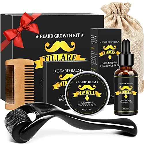 Beard Growth Kit, Beard Kit with Beard Growth Oil, Balm, Comb, Massager for Fuller & Stronger Beards, Birthday Gifts for Men Husband Dad Boyfriend