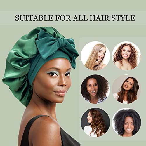 Satin Silk Hair Bonnet for Sleeping - Large Bonnets With Tie Band, Adjustable Straps, Night Sleep Cap for Women With Curly Braid Hair - Hunter Green