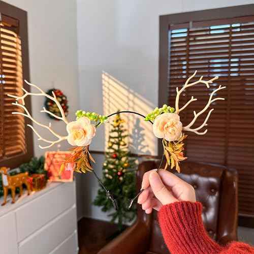 Yumikoo Deer Ears Antlers Christmas Headband - Flower Christmas Costume Hair Accessories for Women