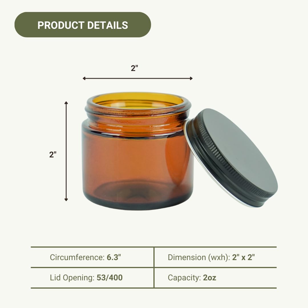 Nature Packaged Glass Amber 2oz Jar - 12 Packs, Lead-Free Empty Round Jars For Beauty Products, Lotion, and Powders - Black Lid - Small Candle Jars