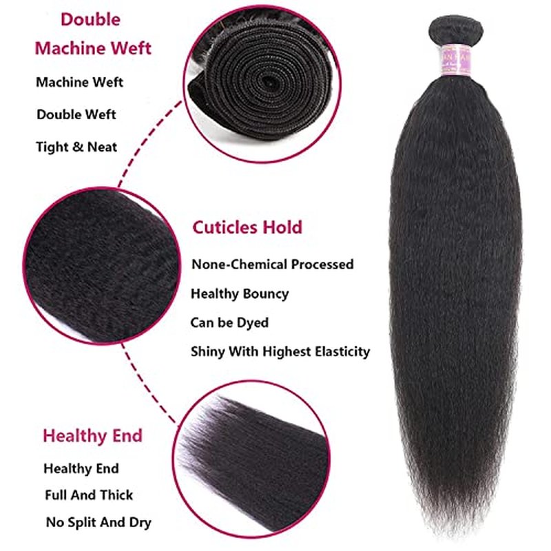 Kinky Straight Human Hair 3Bundles Natural Black Yaki Straigh Brazilian Virgin Remy Hair Grade 10A 100% Unprocessed Kinky Straight Human Hair Extensions (8 10 12 Inch, 3 Bundles)